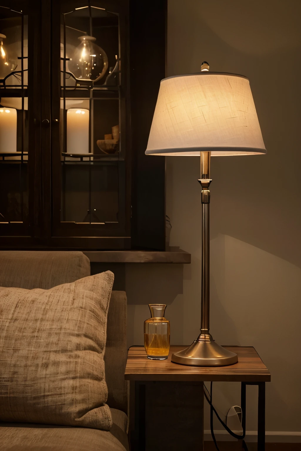 I want you to create an image of a lamp in a living room but its raw material is made of beef instead of metal