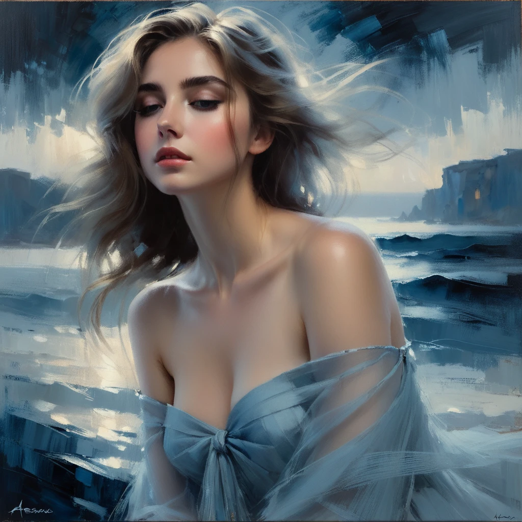 A portrait of a young woman, oil painting, muted blue color palette, soft lighting, detailed facial features, long eyelashes, serene expression, delicate skin, flowing hair, elegant dress, atmospheric environment, cinematic composition, photorealistic, 8k, highly detailed, masterpiece, ((oil painting by Henry Asencio))