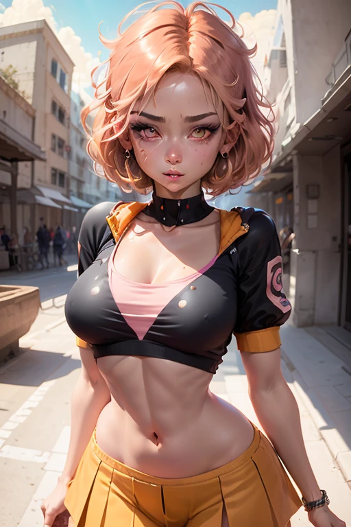 1girl, solo, sharp nose, (reddish mouth:1.1), (blush), eye-catching lips, shonen style, (pale skin), (pink eyes:1.2 | orange eyes:1.3), (wide smile:0.5), wide eyes, (neon lighting:0.3), (scenery park, sky), daylight, cinematic lighting, (underboob:0.9), (blue skirt), (pink hair:1.4 | orange hair:0.9), short hair, bangs, drill hair, ahoge, (crop top blue | white), ((bottom-up point of view)), (thin face), ((sharp focus)), (((masterpiece))), (detailed clothing:1.3), (detailed body:1.2), ((perfect face)), ((perfect nose)), ((perfect eyes))