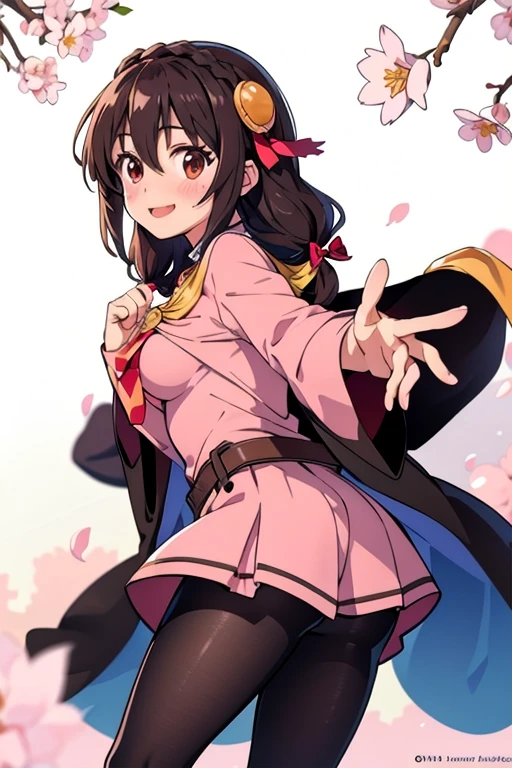 (masterpiece, highest quality), One girl, Yunyun,Long Hair,Braiding,Twin tails,Hair between the eyes,Hair Ribbon,hair ornaments,Big Breasts,(Cape:1.2),tie,shirt,pink shirt,Long sleeve,belt,A fluttering pink skirt,pantyhose,loafers,Brown footwear、Blushing and the best smile、Background is cherry blossoms,Looking back, he holds out his arm with the fingers of one hand outstretched to hold my hand、White shorts、His mouth is smiling