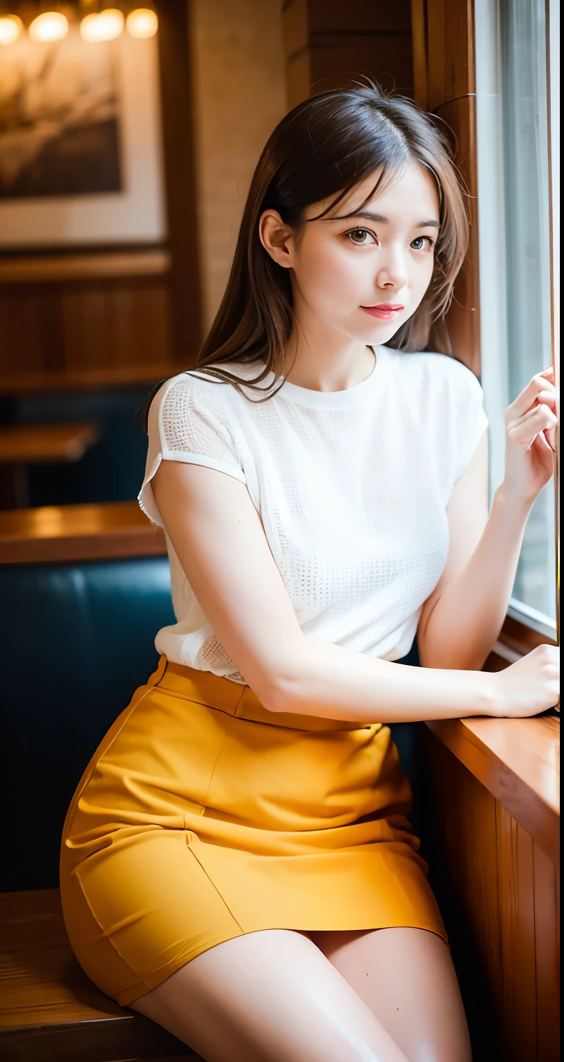 There is a woman sitting on a bench in a restaurant, Anna Miller&#39;s uniform、Spread your legs,Showing white panties,Narrow waist、大きなsexyなポニーテール、sexy、Girl to La(Girl and La)(Girl and La)(Girl and La)(Girl and La)(Girl and La)(Girl and La), Ayaka Cosplay, white and orange breastplate, Maid clothes, anime girl Cosplay, , Maid clothesを着て, Cosplay, Maid clothes, Maid clothesを着たアニメの***