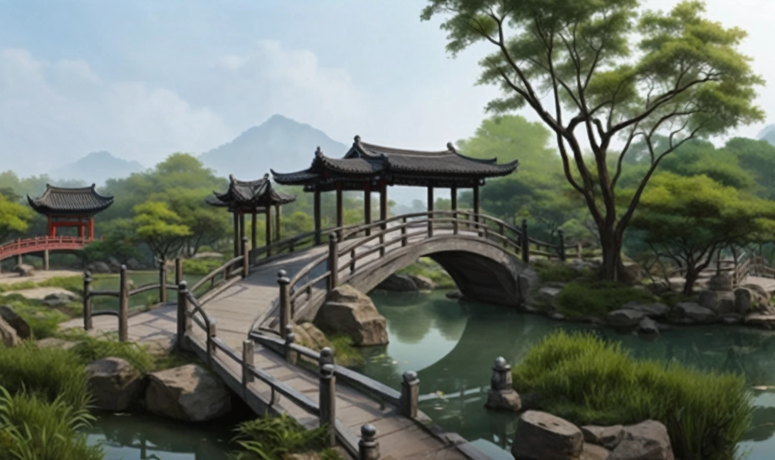 Painting of a bridge across a small pond in a park, 3 d virtual landscape painting, Chinese painting style, Landscape Artwork, Chinese watercolor style, Digital painting of a pagoda, Landscape Art Detail, Chinese style景, Chinese style, nature painting, Japanese-style, Chinese Art Style, Classical landscape painting, Landscape Art, Chinese Artists, Inspired by Xie Shichen,Thick fog,mist,