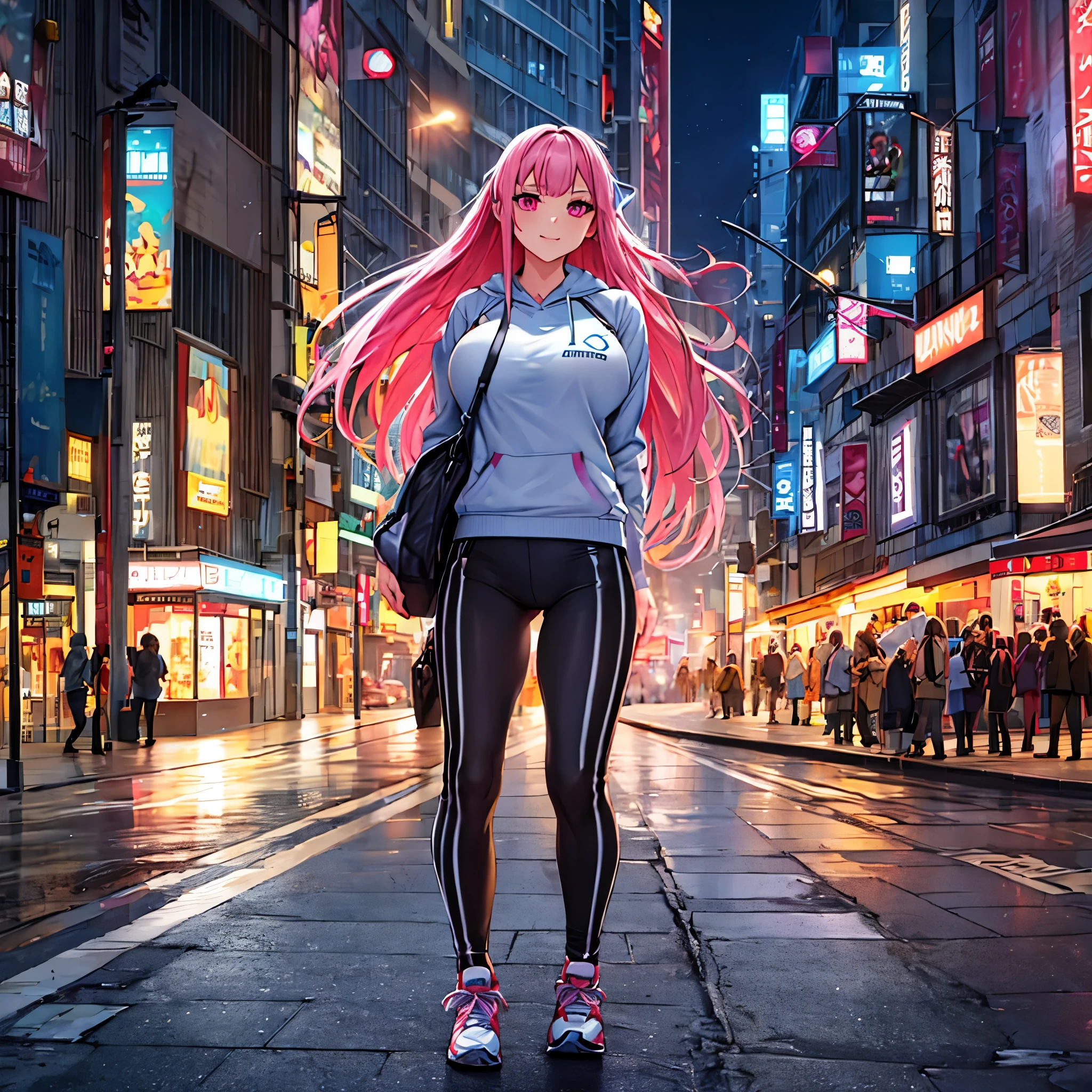 A woman wearing a light blue sweatshirt with white details, white sports pants, sports sneakers, long pink hair, barrette with the Star of David symbol, pink eyes, smiling, big breasts, walking on the sidewalk of a modern city.UHD, masterpiece, accurate, anatomically correct, textured skin, super detail, high quality, best quality, 8k, high resolution, bokeh effect.( solo woman)
