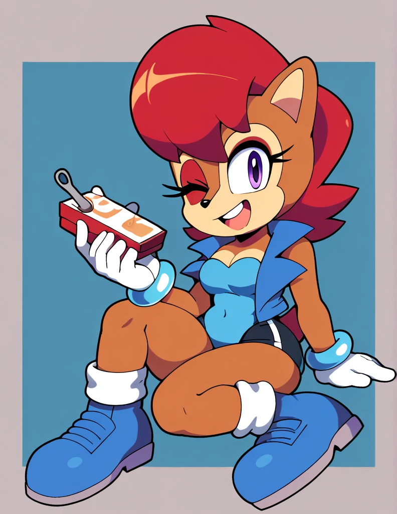 score_9, score_8_up, score_7_up, score_6_up, masterpiece, best quality, Sally acorn, 1girl, solo, looking at viewer, smile, simple background, gloves, bow, holding, opened mouth, smiling, full body, one eye closed, white gloves, blue vest, blue boots, leotard, bare legs, thick thighs, sitting down doing a pin up pose, strapless, wearing black shorts, highleg, happy, furry, eyeshadow, animal nose, purple eyes, animal ears, furry female, sonic the hedgehog Satam \(series\), teal, red hair