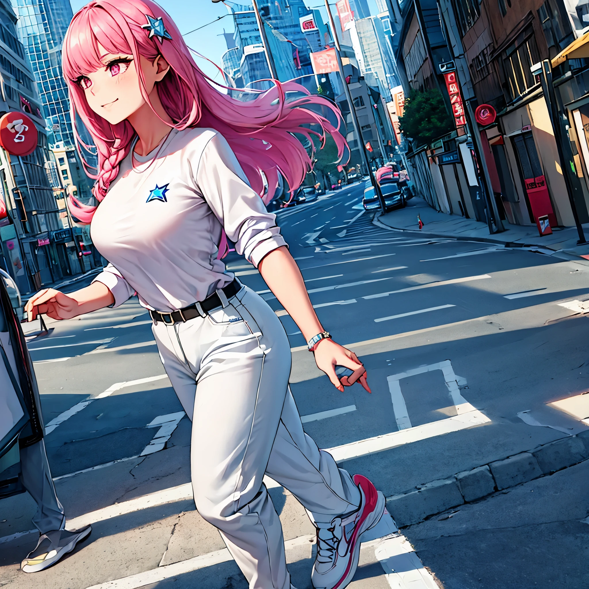 A woman wearing a light blue sweatshirt with white details, white sports pants, sports sneakers, long pink hair, barrette with the Star of David symbol, pink eyes, smiling, big breasts, walking on the sidewalk of a modern city.UHD, masterpiece, accurate, anatomically correct, textured skin, super detail, high quality, best quality, 8k, high resolution, bokeh effect.( solo woman)
