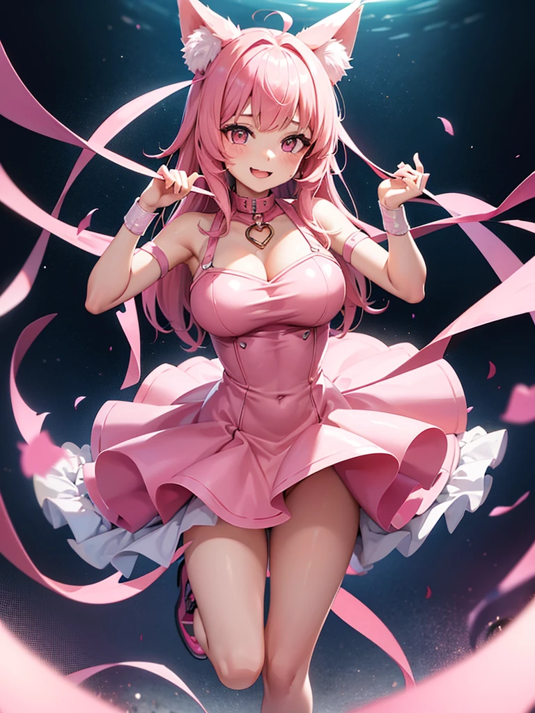 Happy young girl, with wolf ears and pink hair, holding her cheeks, wolf tail, wearing a latex dress, looking at veiwer, full body, you can see her chest, naked breasts