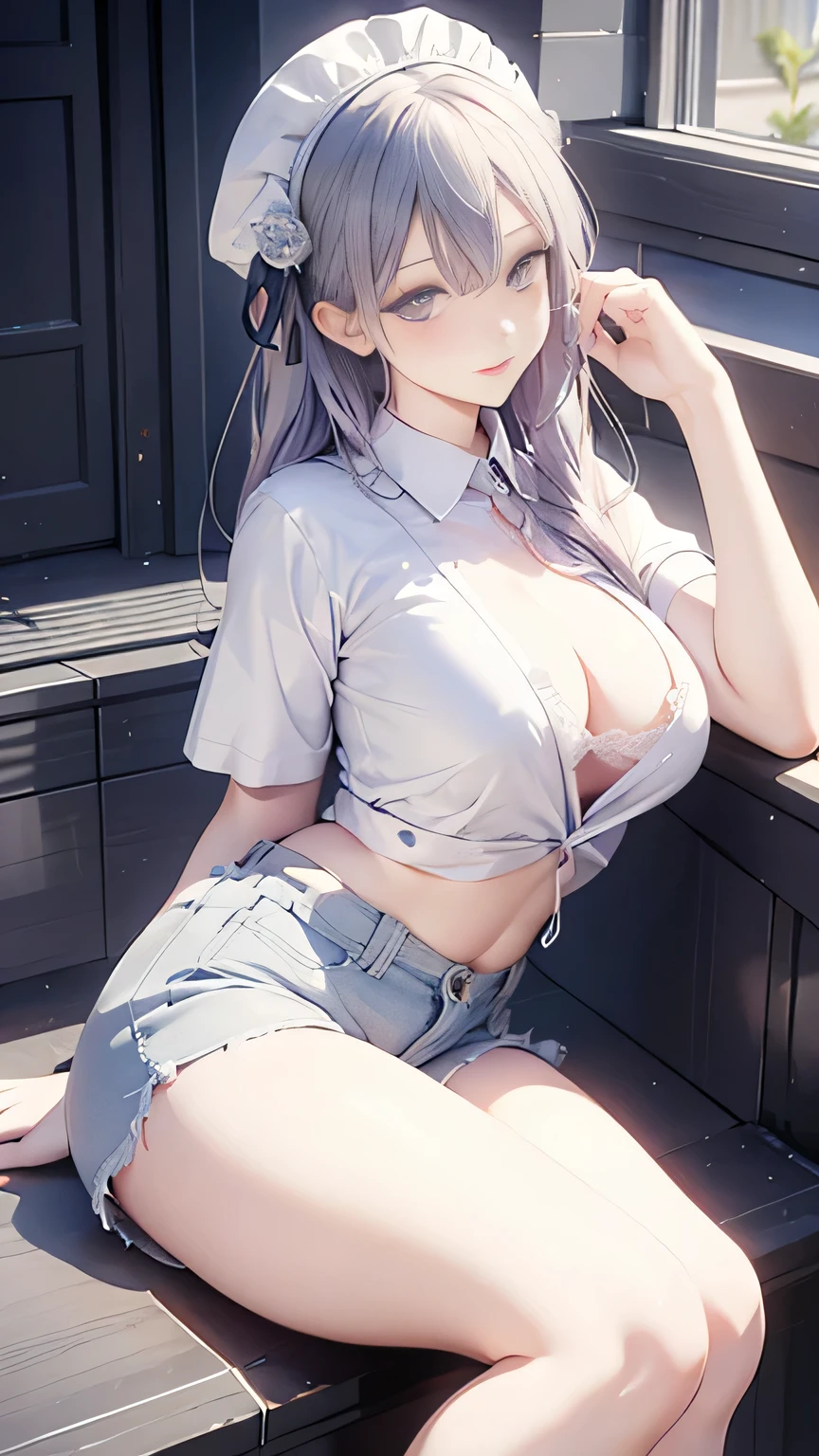 Royal sister，Long purple-gray hair，Half naked short sleeves，bath，blush，plump thighs，looking away up，Stand Up Straight，pant，Lace white fishnet stockings，Short shorts