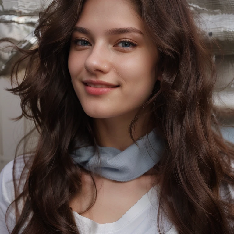 Gorgeous woman with long hair and a gray shirt smiling, profile image, valentina remenar, malika favre,18 years old girl, anastasia ovchinnikova, beautiful blue eyes,headshot profile picture, very slightly smiling, slightly smiling, profile photo, no makeup wavy hair, profile picture, young woman with long dark hair, 