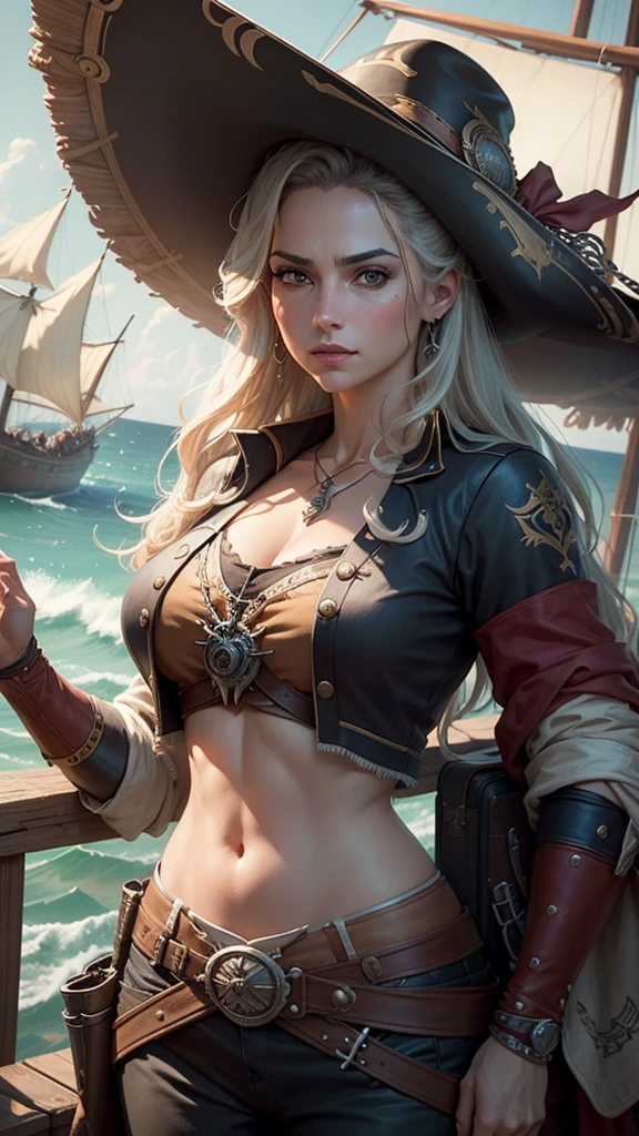 un dibujo de una mujer con un sombrero de pirata en un barco, un dibujo detallado de Ric Nagualero, art station, fantasy art, tipo germen detailed, epic pencil illustration, tipo germen and j. dickensson, mujer pirata, tipo germen. alto detalle, tipo germen greg rutkowski _ greg, retrato pirata, Capitana Pirata