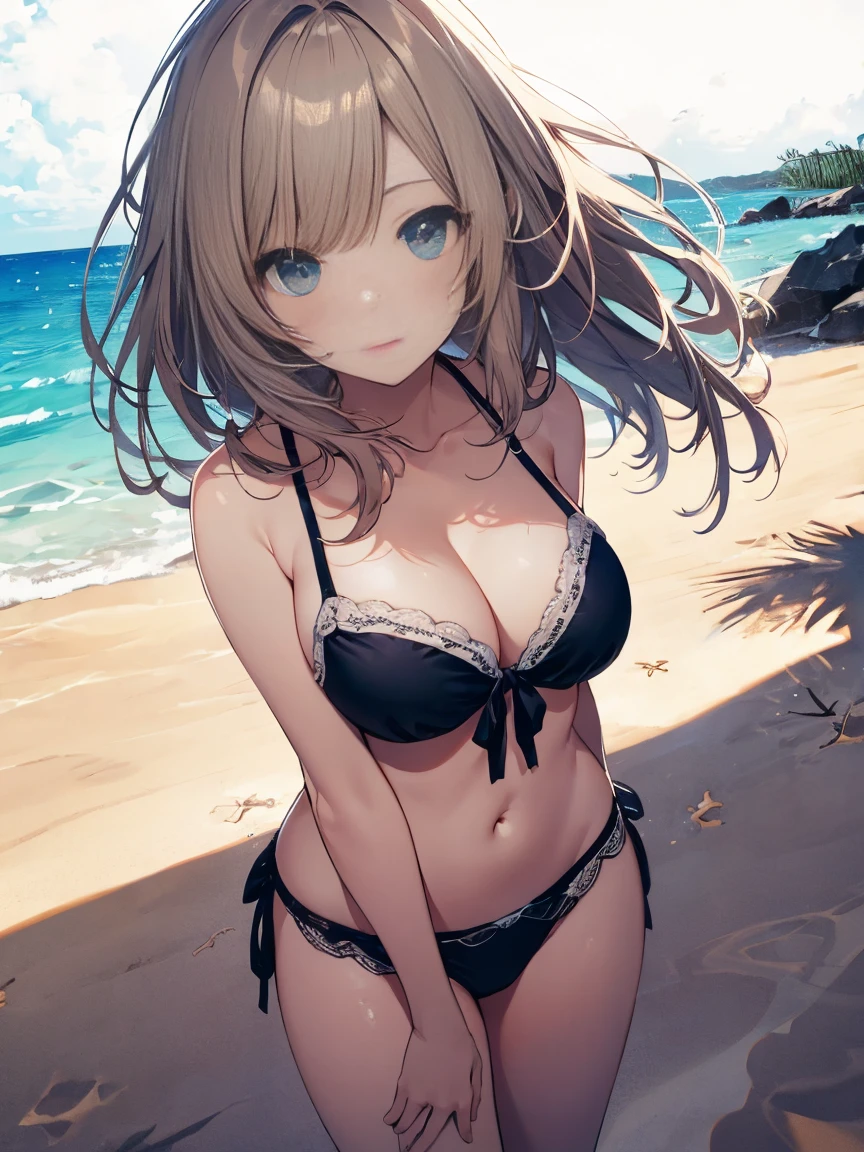 highest quality、masterpiece、超detailed、Delicate features、Delicate skin、beautifuldetailedな輝き、beautiful照明、complicated、8k resolution、Realistic Shadows、Realistic lighting、Ray Tracing、complicatedなdetailed、From below、Cowboy Shots、One girl、Large Breasts、bikini、Glowing Skin、Estrus、Are standing、((Sandy Beach:1.4))、detailed:1.5、Delicate colors、An illustration、Bright colors、beautiful、、、Yukari Higa Style、Takane Mana、