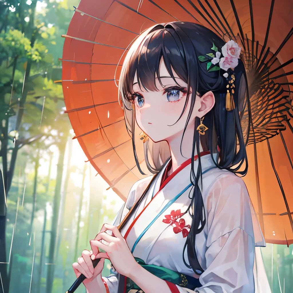 Masterpiece, extremely detailed CG unity 8k wallpaper, 1 girl, beautiful, realistic, blur, blurred background, blurred foreground, bamboo forest, depth of field, earrings, jewelry, nose, realistic, solo, hanfu, holding oli paper umbrella, rain