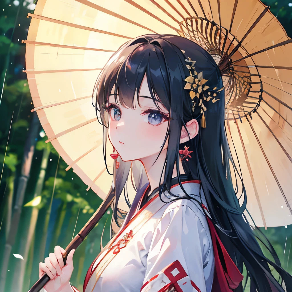 Masterpiece, extremely detailed CG unity 8k wallpaper, 1 girl, beautiful, realistic, blur, blurred background, blurred foreground, bamboo forest, depth of field, earrings, jewelry, nose, realistic, solo, hanfu, holding oli paper umbrella, rain