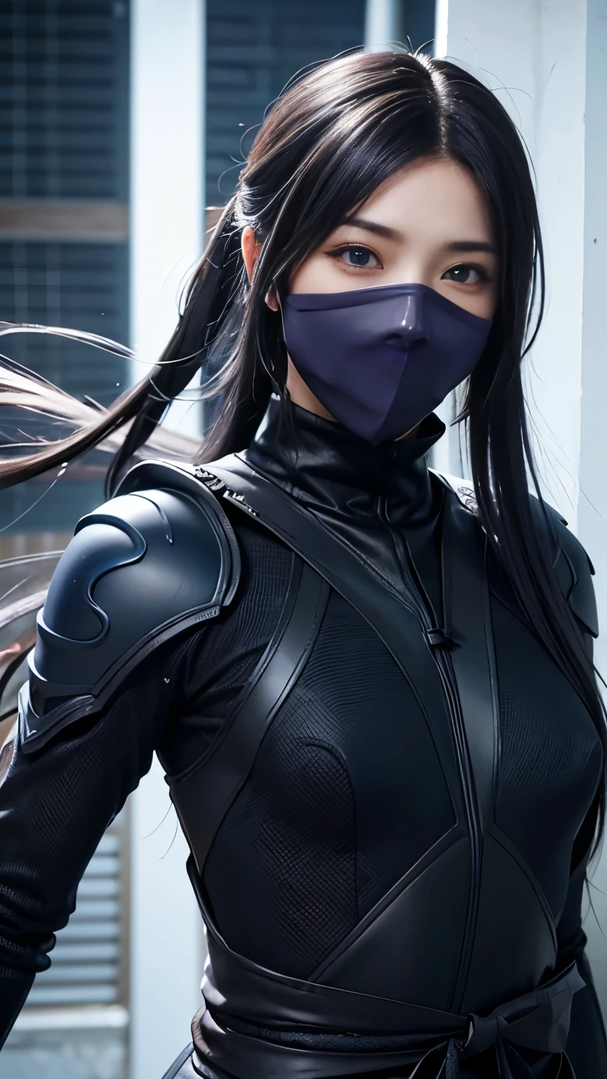 Realistic, Super detailed, High resolution, highest quality, Super detailedな,1 Female , Official Art, unity 8k wallpaper, Super detailed, Beautiful and aesthetic, Beautiful Menhera, masterpiece,( Super busty breasts:1.5,Small waist)、Glowing Skin,masterpiece, wonderful, (CG illustration),Asian,  Ultra-realistic textured face and skin、Accurate anatomy、黒のNinja服、Blue gradient hair, Grey Eyes, Indifference, bangs,((Ninja, Plastic mask))、sword, Black clothes, Facial details、Purple eye makeup、Dynamic Pose、Dynamic Action、Dynamic Angle、Detailed Background、Degrees of Freedom:1.3
