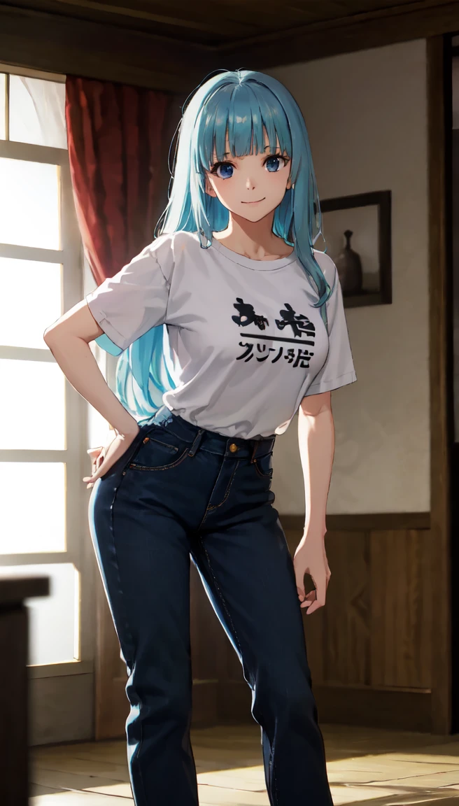 photorealistic, (4k), depth of field, (Masterpiece), (realistic skin texture), extremely detailed, intricate, hyper detailed, professional photography, bokeh, high resolution, sharp detail, best quality, girl, long hair, aqua hair, blunt bangs, blue eyes, dynamic pose, baggy graphic tshirt, beautiful thighs, colarbone, indoors, (facing viewer), looking at viewers, large breasts,kasumi, miwa, kasumi miwa, hands on hips leaning forward, downblouse, smiling, jeans, waist high jeans, long pants