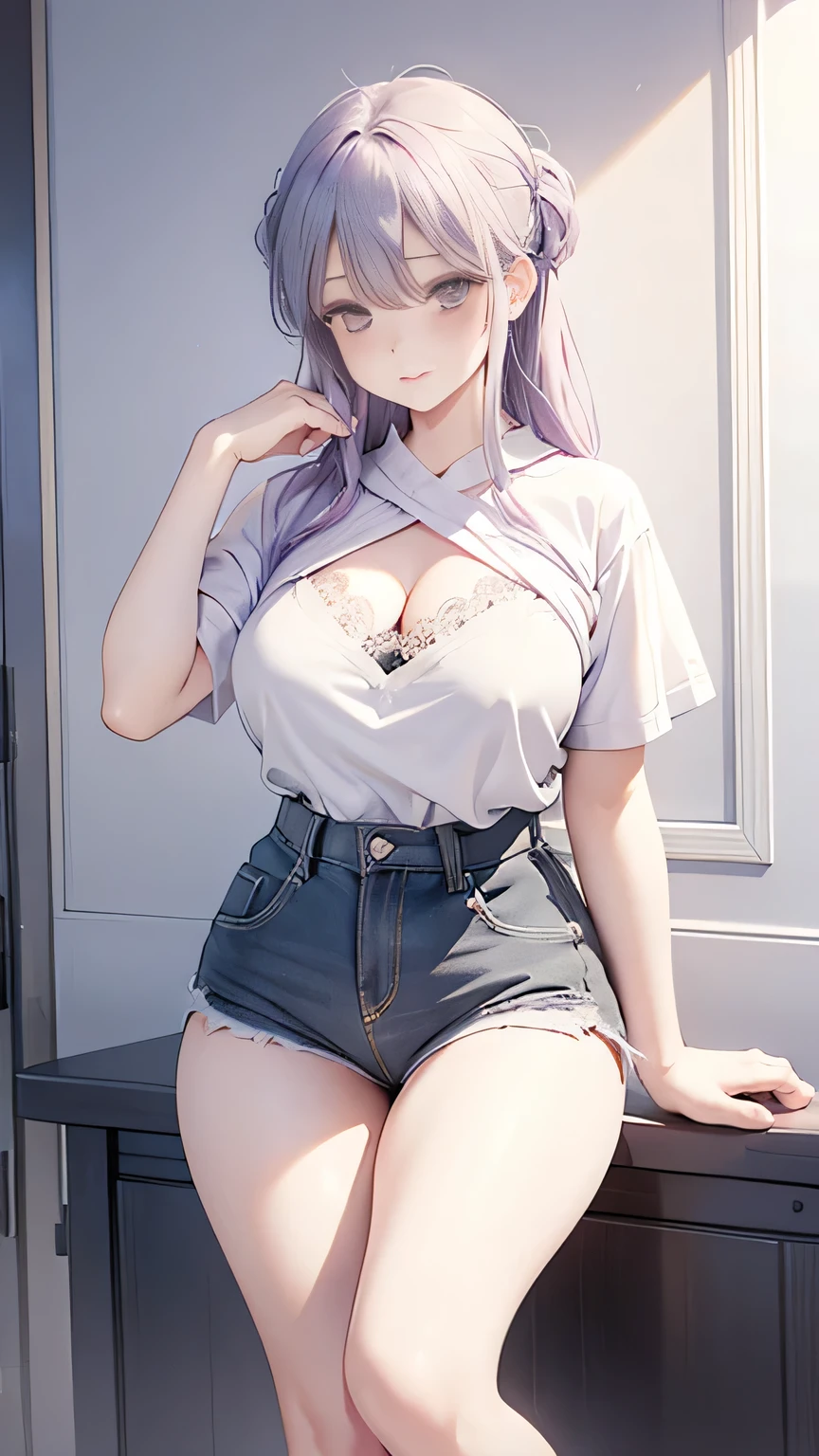 Royal sister,Long purple-gray hair,Half naked short sleeves,bath,blush,plump thighs,looking away up,Stand Up Straight,pant,Lace white fishnet stockings,Short shorts,Keep your chest up