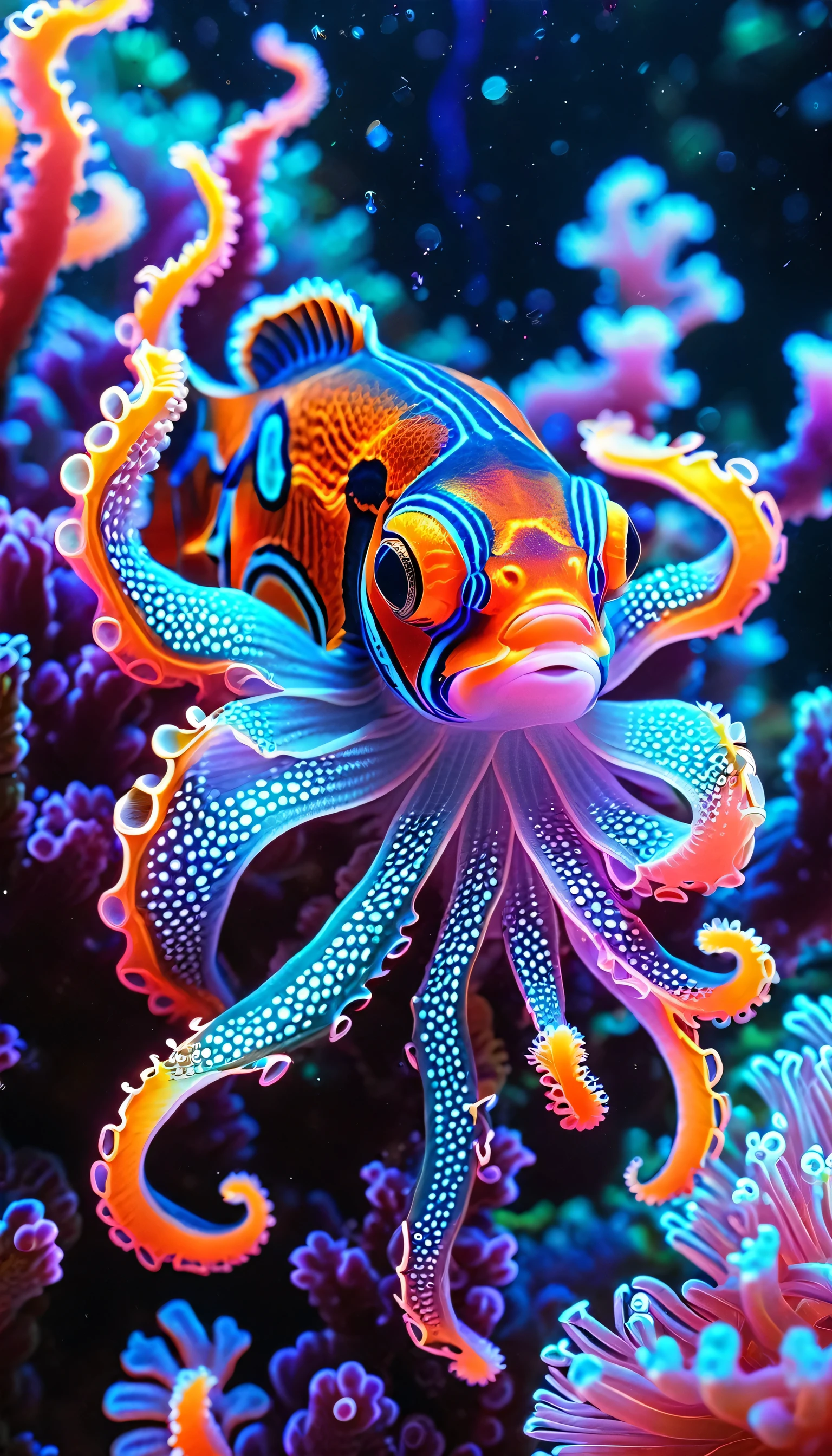 clown fish hybrid octopus,ethereal ocean backdrop,coral of all kinds and colors,otherworldly,neon colors,detailed cephalopod anatomy,glowing bioluminescent tentacles,serene underwater scene,vibrant neon pigmentation,dramatic lighting,cinematic composition,highly detailed,photorealistic,award winning concept art