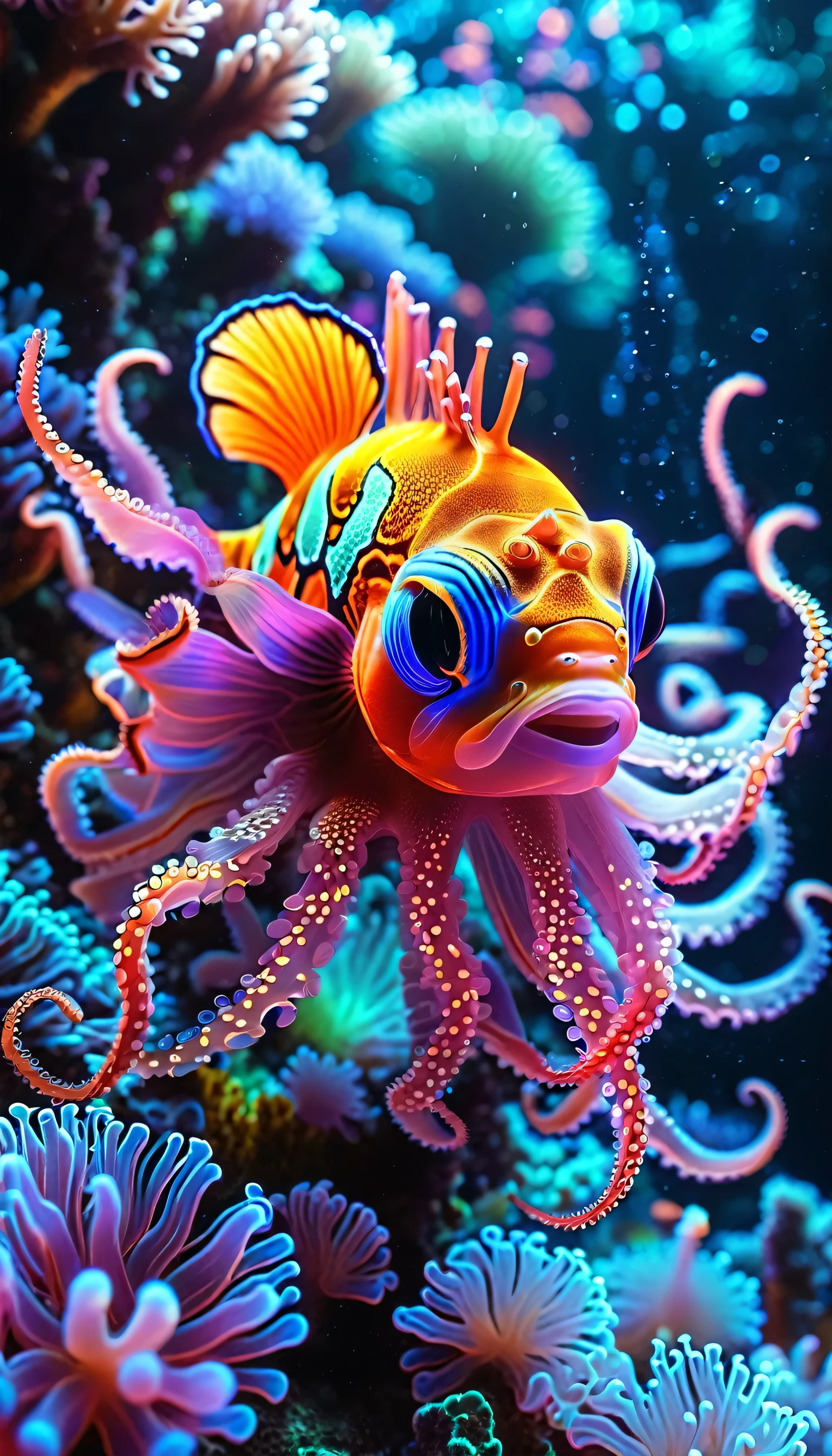 clown fish hybrid octopus,ethereal ocean backdrop,coral of all kinds and colors,otherworldly,neon colors,detailed cephalopod anatomy,glowing bioluminescent tentacles,serene underwater scene,vibrant neon pigmentation,dramatic lighting,cinematic composition,highly detailed,photorealistic,award winning concept art