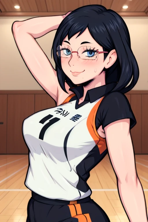 masterpiece, best quality, shimizu kiyoko looking at viewer, black hair, blue eyes color, large breasts, upper body, portrait, looking at viewer, seductive smile,both hands raised, armpits, armpits visible, sweaty armpits, wearing volleyball uniform, wearing glasses