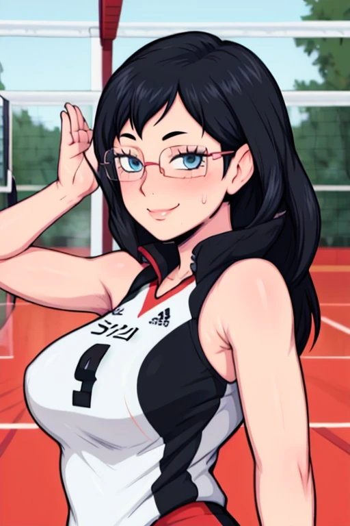 masterpiece, best quality, shimizu kiyoko looking at viewer, black hair, blue eyes color, large breasts, upper body, portrait, looking at viewer, seductive smile,both hands raised, armpits, armpits visible, sweaty armpits, wearing volleyball uniform, wearing glasses