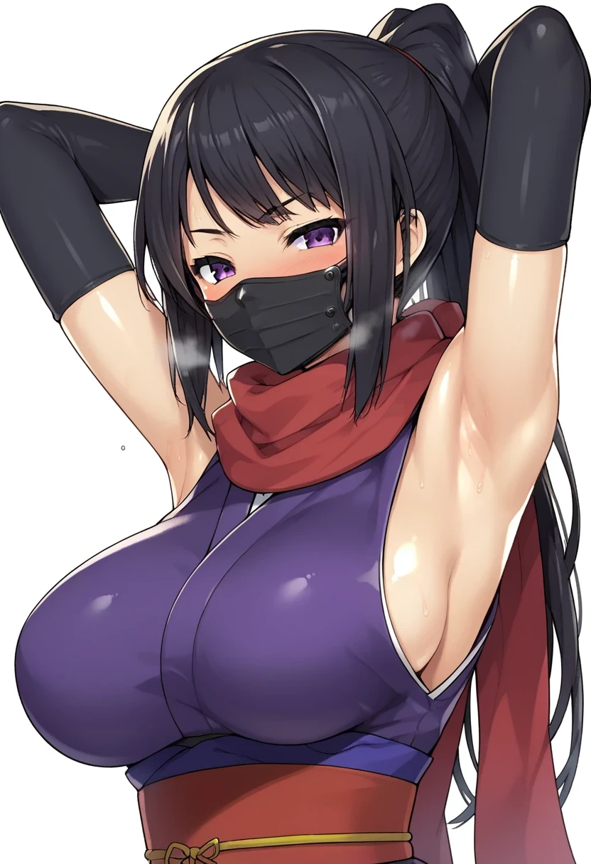 score_9, score_8_up, score_7_up, source_anime, rating:general, 1girl, armpits, breasts, mask, solo, ninja mask, purple eyes, gloves, mouth mask, purple gloves, sweat, scarf, elbow gloves, japanese clothes, ninja, blush, looking at viewer, long hair, short kimono, kimono, arms up, red scarf, large breasts, black hair, sideboob, low ponytail, sash, white background, presenting armpit, shiny skin, sleeveless, upper body, very long hair, covered mouth, half-closed eyes, simple background, ponytail, obi, sleeveless kimono