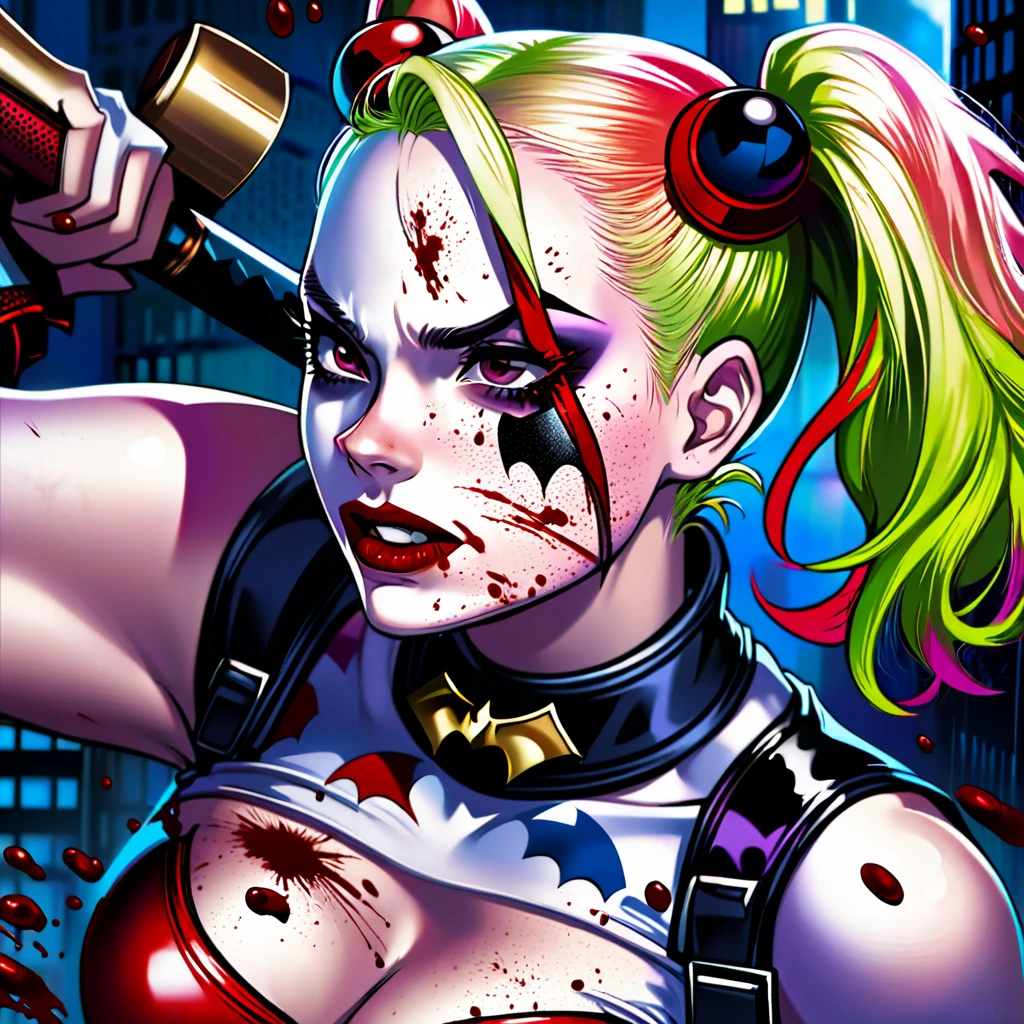 Batman foe Harley Quinn has just finished beating someone to death with a ball bat, blood spatter on her face, set in a bank, close up on her face