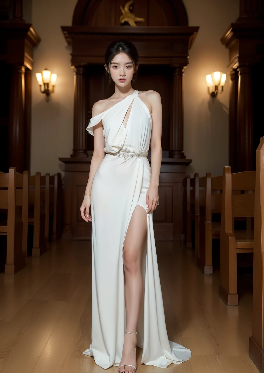 Beautiful 25 year old tall and slender woman。She is fashion model. She is staying in the old classic church. She is wearing a wedding dress that a leg is visible. She is illuminated by sunset light. the evening church lights is on . her dark brawn hair. High resolution、masterpiece、highest quality、頭w:1.0、((Hasselblad Photos))、fine skin、(movie lighting)、clavicle . full body picture.