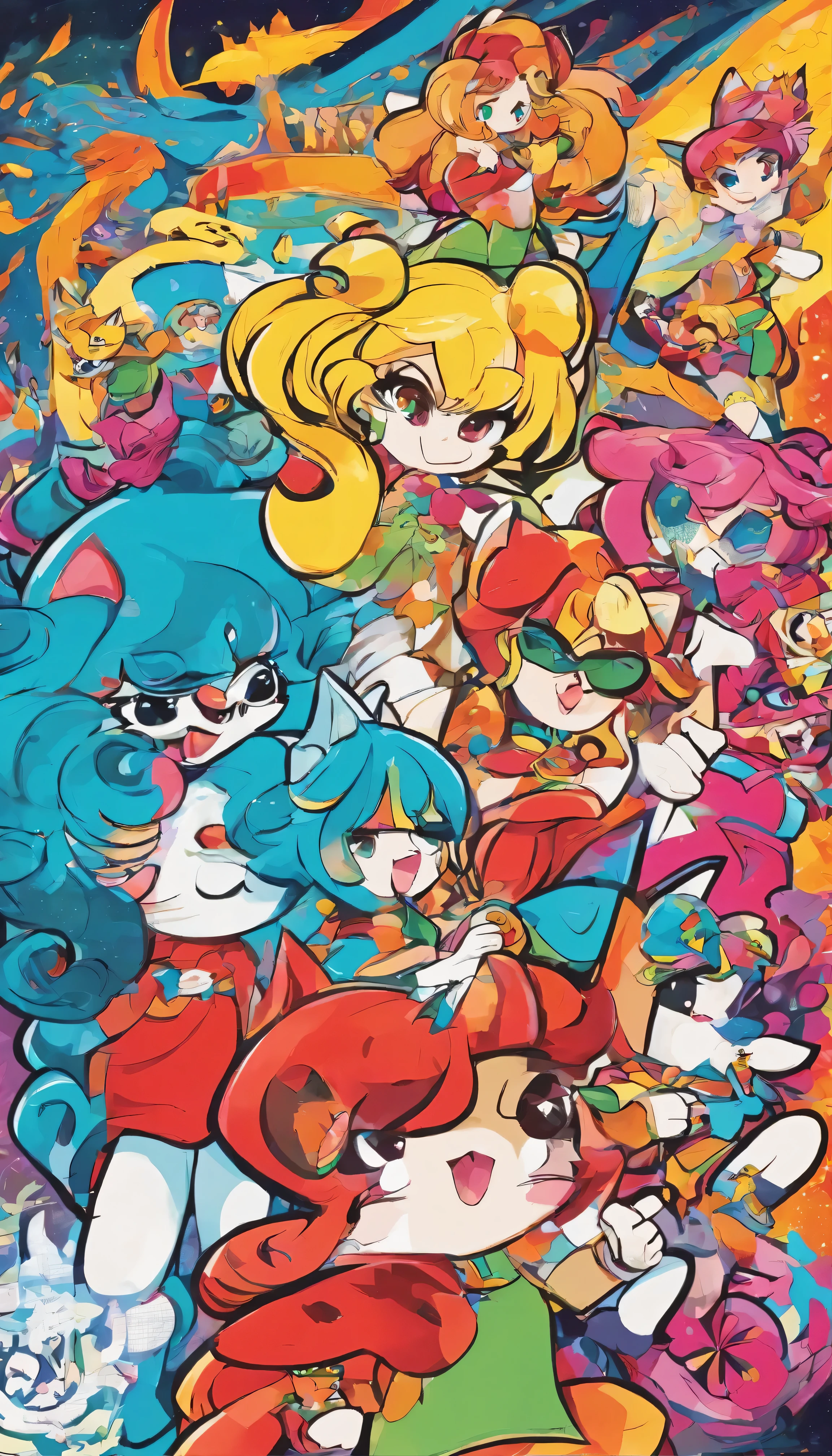 At the heart of a burning volcano、Adult Powerpuff Girls in elaborate cat costumes engage in fierce battles。The catsuit design、Fiery Red Blossom、Calm blue bubble、Bold green buttercups etc.、A vibrant combination of original colors、Each outfit is adorned with cat accessories such as whiskers and tails.。Amid lava flows and smoking craters、The girls performed graceful and powerful movements.、The costumes are slightly sing-song but still elegant。Mojo is、In a desperate attempt to defeat them、Swinging a crazy monkey wrench at my sisters、His Actions