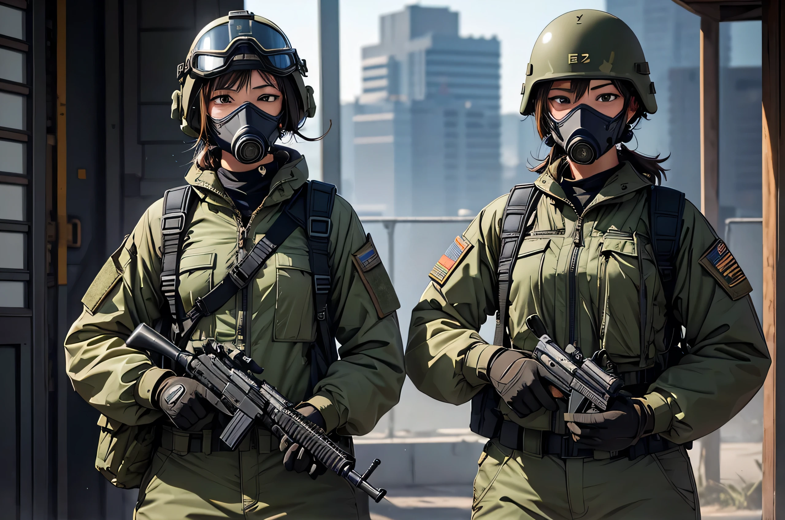 Female special forces soldier wearing a gas mask、Crotch guard、Shoulder to Shoulder,Put on a helmet、Wear goggles、M51 Military Uniform,military trousers、ammo pouch、Tactical harness、Write details、masterpiece、best quality、Highly detailed CG、8K picture quality、theater lighting、lens flare