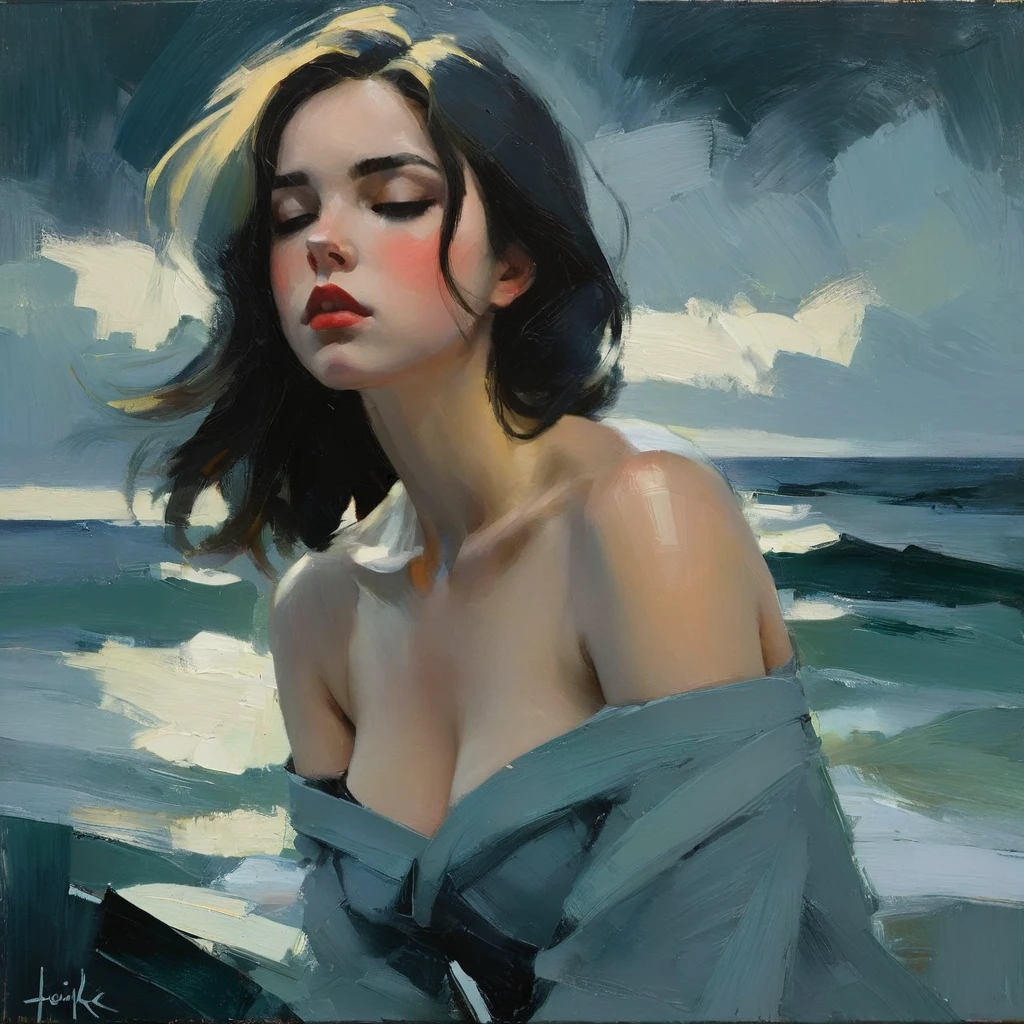 Create an evocative oil painting inspired by Malcolm Liepke, based on the provided image. Capture the intense, introspective expression of the young subject using thick, expressive brushstrokes and a muted color palette. Highlight the emotional depth and vulnerability in the subject's gaze, emphasizing the play of light and shadow on their face. Maintain a simple, textured background that complements the subject's contemplative presence. Focus on the tactile quality of the oil paint to convey the raw emotion and intimacy characteristic of Liepke's style.
