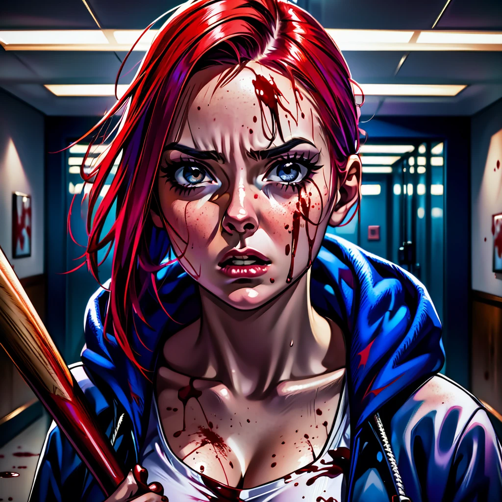 A woman with wild red and blue hair, crazed expression, blood splattered on her face, holding a baseball bat, in a bank interior, close-up portrait, (best quality,4k,8k,highres,masterpiece:1.2),ultra-detailed,(realistic,photorealistic,photo-realistic:1.37),dark moody lighting,dynamic composition,cinematic,horror,gritty,intense,visceral,dramatic