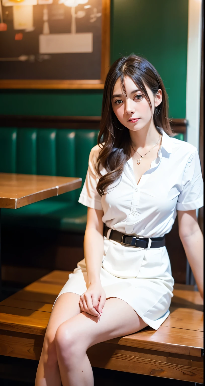 There is a woman sitting on a bench in a restaurant, Anna Miller&#39;s uniform、Spread your legs,Showing white ,Narrow waist、大きなsexyなポニーテール、sexy、Gito La(Girl and La)(Girl and La)(Girl and La)(Girl and La)(Girl and La)(Girl and La), Ayaka Cosplay, white and orange breastplatd clothes, anime girl Cosplay, , Maid clothesを着て, Cosplay, Maid clothes, Maid clothesを着たアニメの女の子