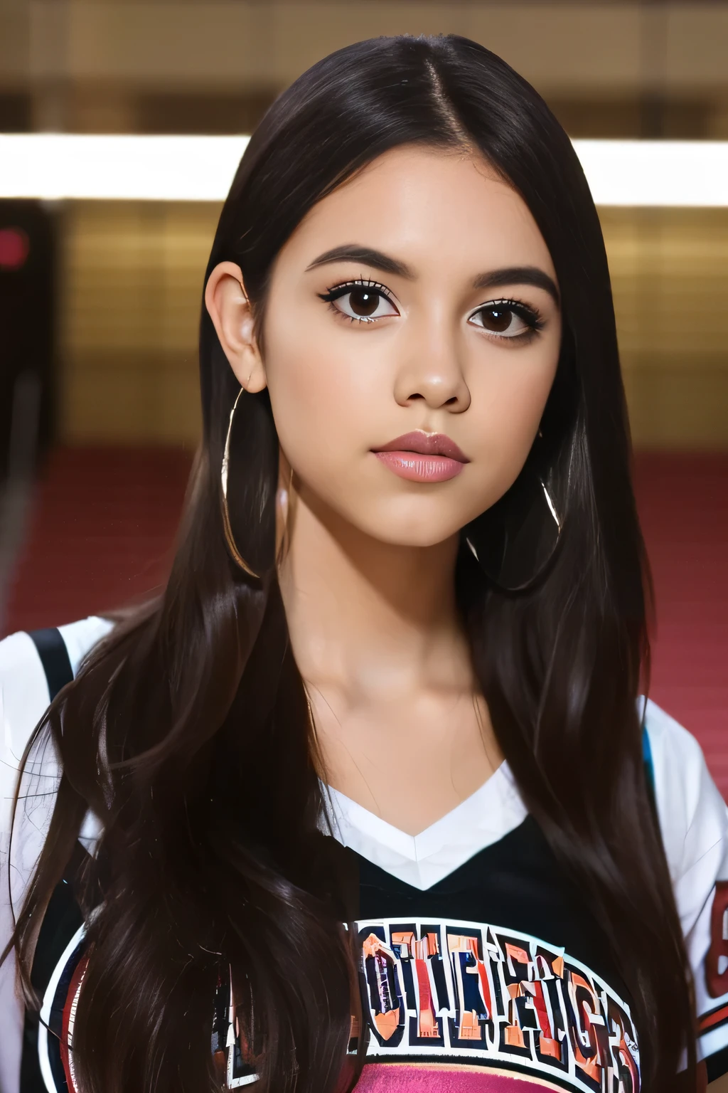 Latin girl. Dark hair. Straight hair. Dark Eyes. . Young adult. Pretty. Popular. Outgoing. Cheerleader. Thin eyebrows. Hoop earrings.