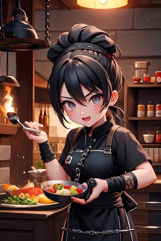 Chef plays ninja while cooking,Many people are queuing up to buy,In-game graphics,full character,Characters are arranged in a chain,gothic theme,Detailed roles