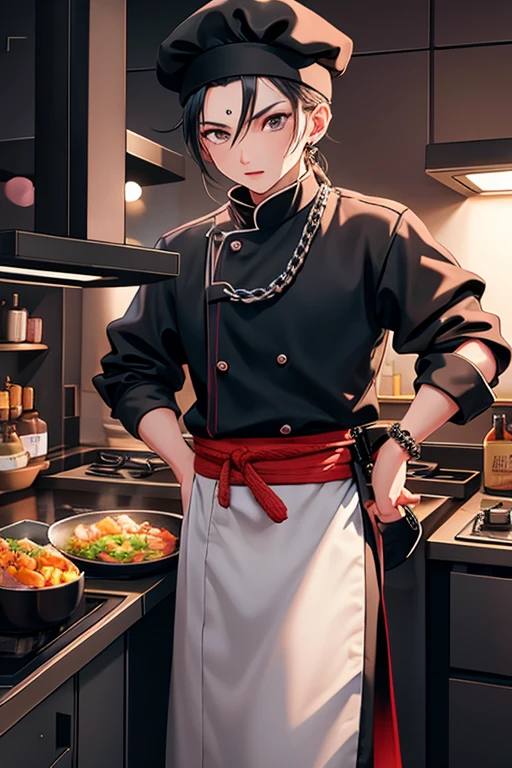 Chef plays ninja while cooking,Many people are queuing up to buy,In-game graphics,full character,Characters are arranged in a chain,gothic theme,Detailed roles