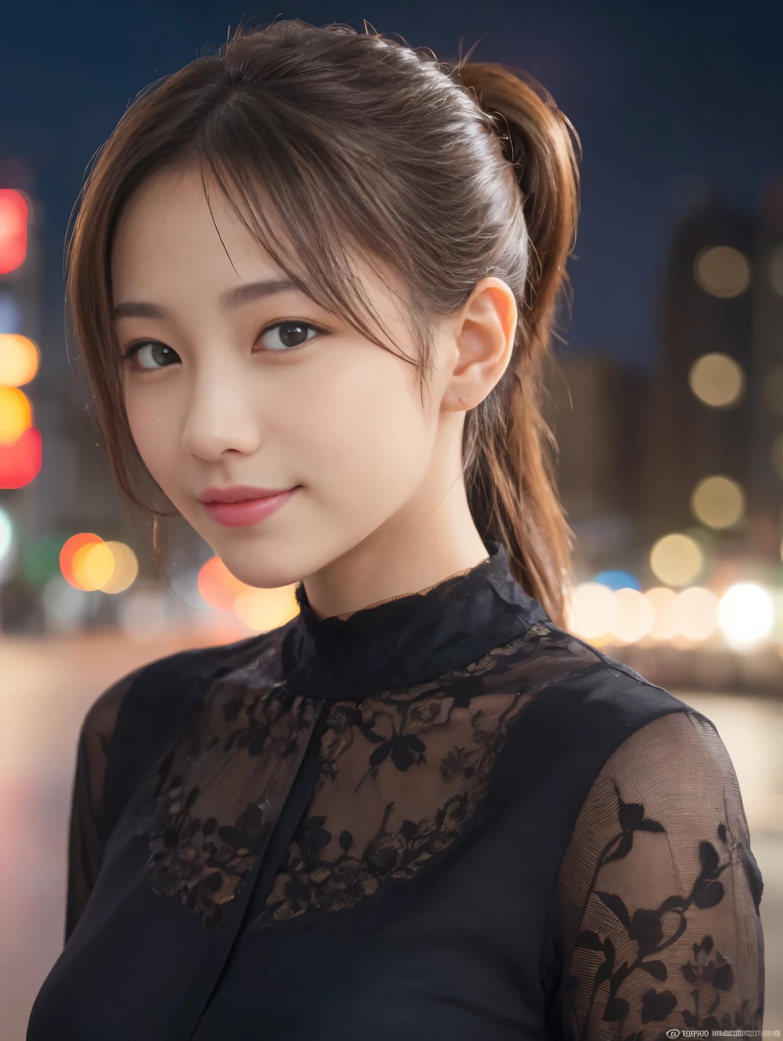 1 girl, (Wearing a black blouse:1.2), Beautiful Japanese actresses, (ponytail:1.3), (RAW Photos, highest quality), (Realistic, Photorealistic:1.4), masterpiece, Very delicate and beautiful, Very detailed, 2k wallpaper, wonderful, finely, Very detailed CG Unity 8K 壁紙, Very detailed, High resolution, Soft Light, Beautiful detailed girl, Very detailed目と顔, Beautiful and detailed nose, Beautiful and detailed, Cinema Lighting, break (Snowy night cityscape as background 1.3), City lights, Perfect Anatomy, Slender body, smile, Face the front completely, Looking at the camera