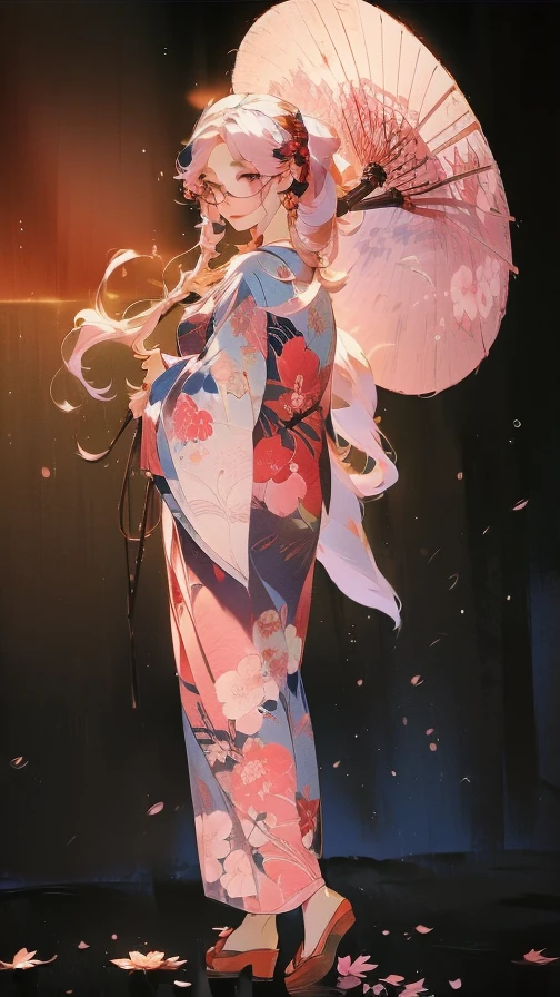 ((Smiling cute Asian girl wearing big black round frame glasses with beautiful blue eyes)), very long ponytail with pink hair fluttering in the wind, red luxurious Japanese kimono with beautiful floral embroidery