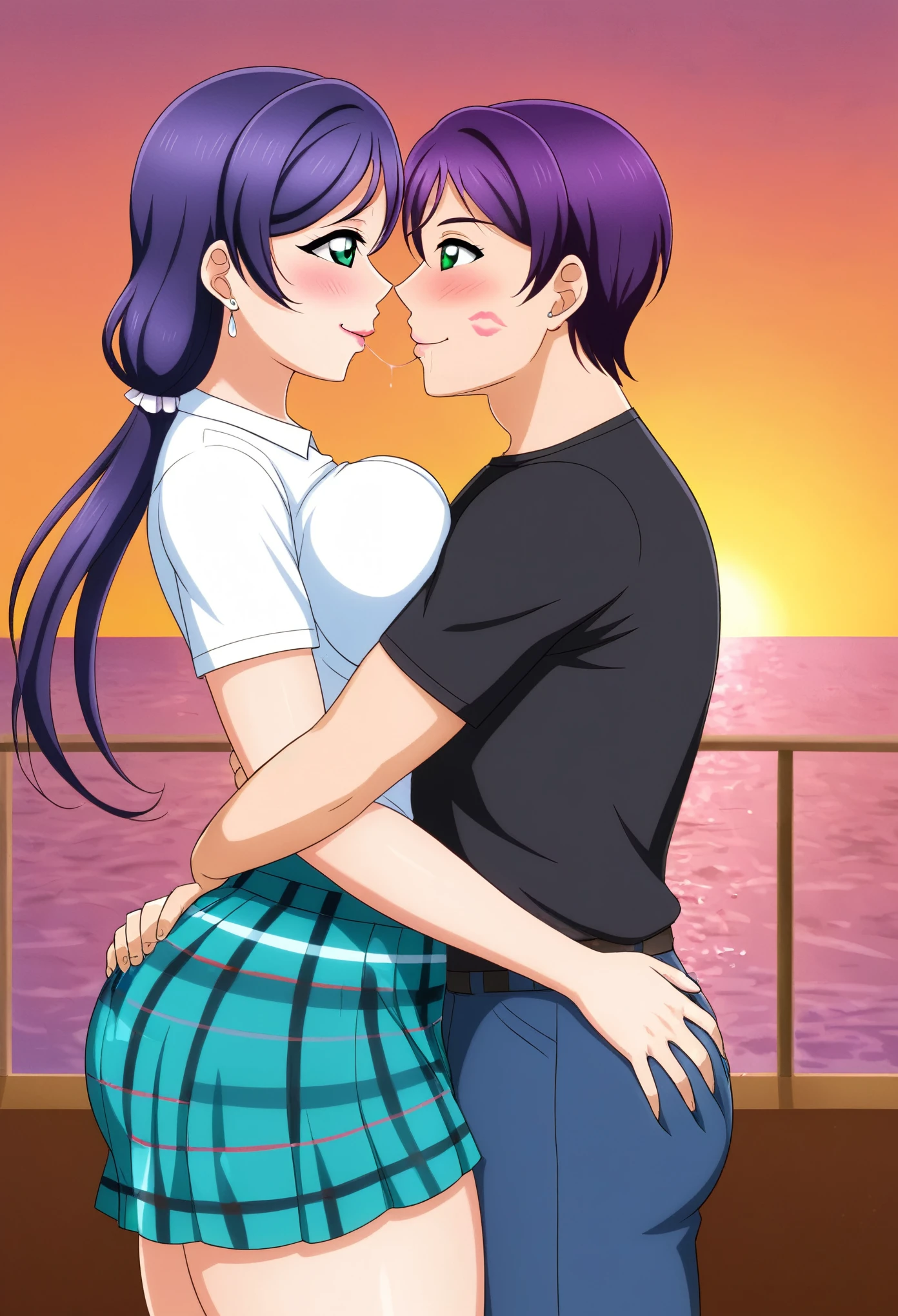 Masterpiece, best quality,Nozomi Tojo, purple hair, from side, cowboy shot,low twintails , green eyes,breasts, curvy body, closed mouth, blushing,shirt , skirt,earrings,  love live style , love scene ,thicc thighs ,sea in background, sunset , hugging man,ass grab, breasts press , lipstick marks on his face , looking at each other, saliva trail