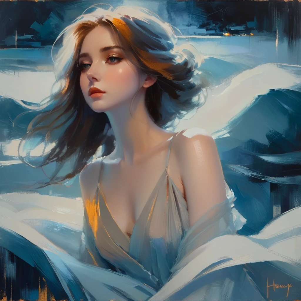 A portrait of a young woman, oil painting, muted blue color palette, soft lighting, detailed facial features, long eyelashes, serene expression, delicate skin, flowing hair, elegant dress, atmospheric environment, cinematic composition, photorealistic, 8k, highly detailed, masterpiece, ((oil painting by Henry Asencio))