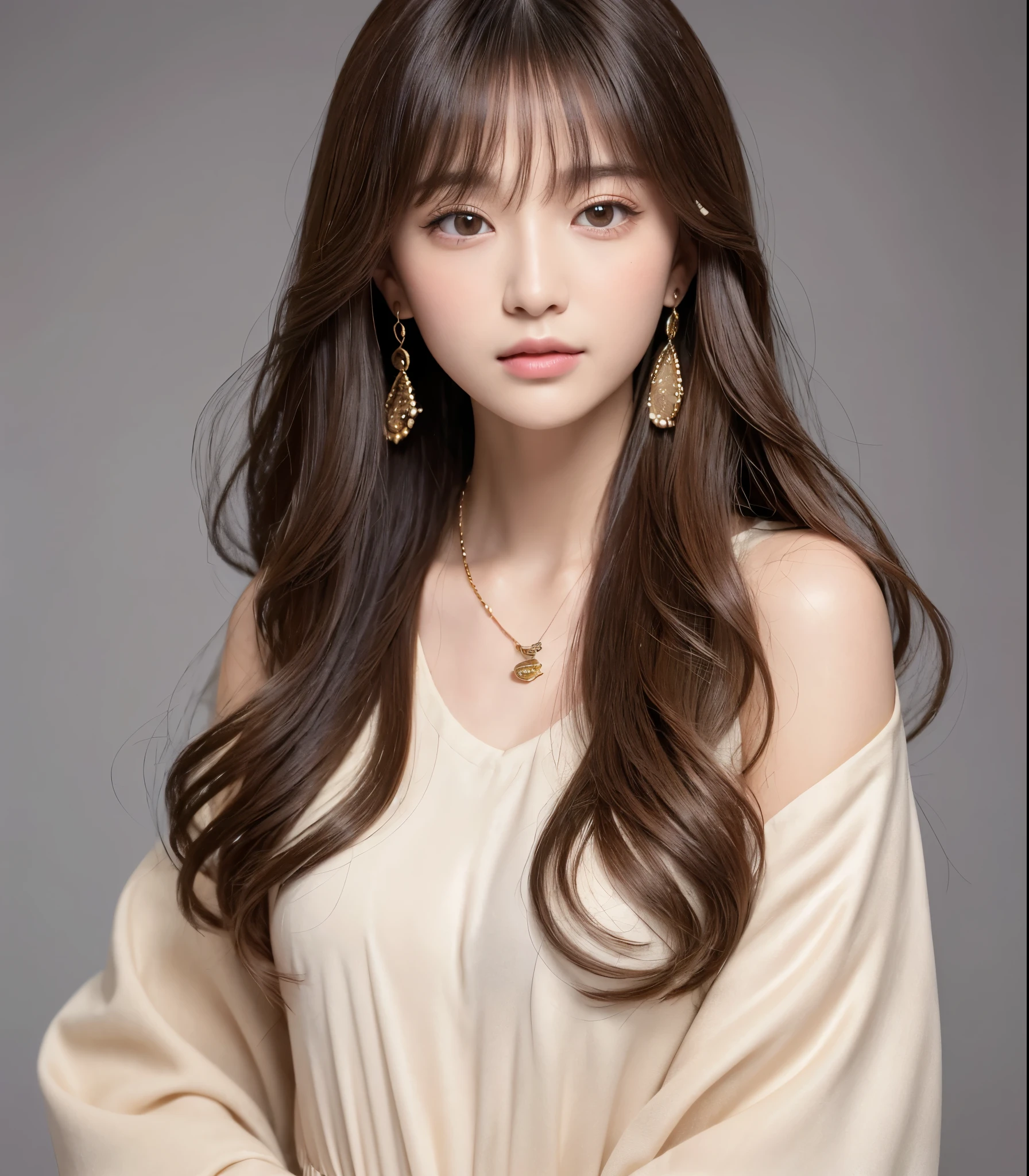 ((highest quality, 8K, masterpiece:1.3)), concentrate: 1.2, Perfect body beauty: 1.4, Hips: 1.2, ((Long Hair, chest: 1.2)), (Dry clothes: 1.1) , (clear, Simple Background:1.3), Simple clothes: 1.1, Highly detailed face and skin texture,Delicate eyes, double eyelid, Whitened skin, Long Hair、Earrings with bangs、necklace、 solo、Beige coat、White shirt, (((Beautiful girl with cute Japan)))、 ((Beautiful Japanese girl 20 years old))、 ((Baby Face))、 (((Slender body)))、 Upper Body,Face focus、necklace,Simple Background,From above, Realistic Hair、 A photograph was taken:Canon EOS R6、135mm、1/1250 seconds、f2.8、ISO400、(Detailed explanation of the hand)、(Masseter muscle area)、(Exquisite CG)、Long Hair, loose and curly hair、Korean Hair、Long Hair明るいベージュ色、グラデーションハイライトグレージュのゆるふわLong Hairスタイル、