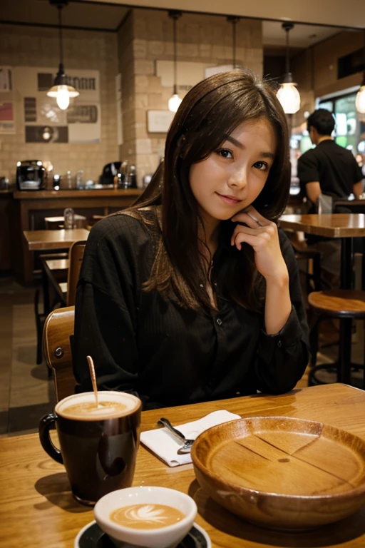 Woman sitting in café、There is nothing on the table、Make sure the table is in the center of the image