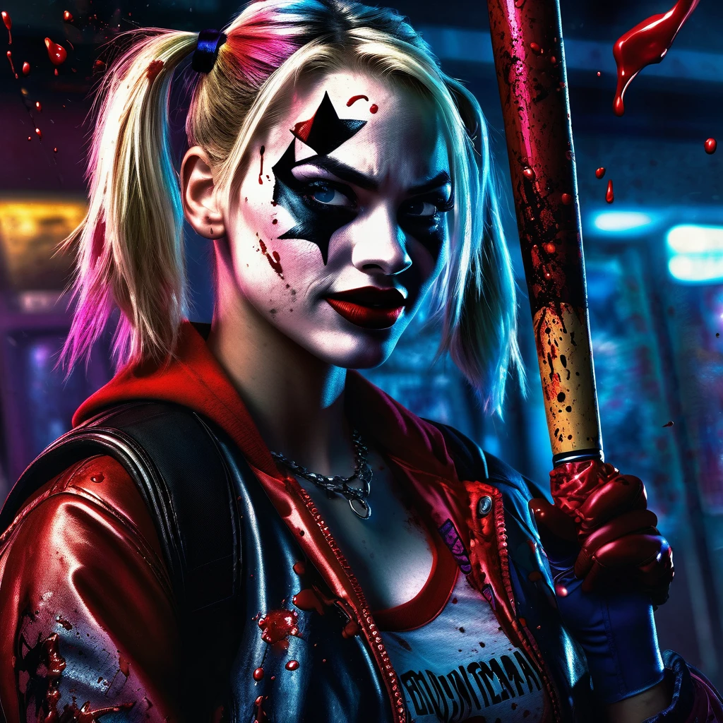 1girl, harley quinn, insane facial expression, blood spatter on face, baseball bat, bank interior, close up on face, intricate details, hyper realistic, dark lighting, cinematic composition, moody atmosphere, intense colors, dramatic lighting, photorealistic, dark fantasy, comic book style, extreme detail description