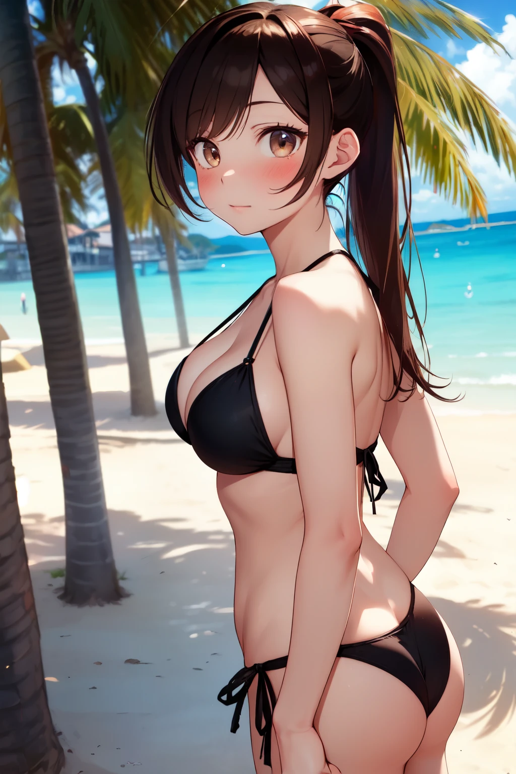 masterpiece, 1girl, best quality, chizuru mizuhara, waist-length chestnut-brown hair, a small ponytail hanging on the back, large breasts, black bikini, string bikini, standing, sexy, beach, ocean background, blue sky, coconut trees, brown eyes, full body
