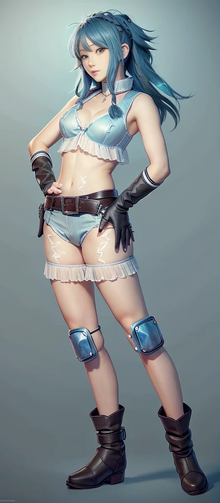 Blue Hair Surrealism, Character table, Reference Table, Standing painting, 8k, Super Detail, 1080P, Women HD, 4K, 8k, 16k, high resolution, best quality, high quality, Anatomically correct, masterpiece, precise, Ultra HD,grace,Unreal Engine,Delicate face,Long braids,slim,Long legs,miniskirt