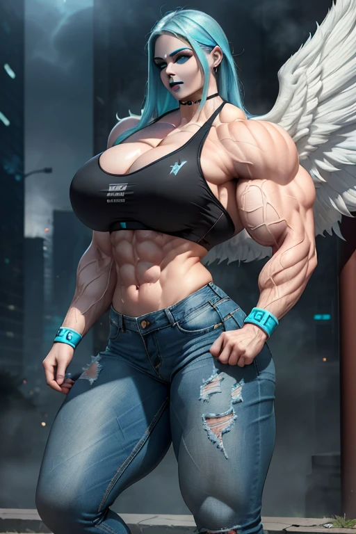 (((((Massive, tall, beautiful, pale white skinned, buff, muscular woman with cyan hair, black lipstick, ginormous bulky muscles, huge angel wings and wearing a white sports bra with denim jeans))))), (close view), (massive muscles), massive biceps, hyper muscle shoulders, vascular shoulders, hyper muscle triceps, huge angel wings, (long beachy hair), purple eyes, (wristbands), choker, boots, (in a misty city), fingerless gloves, closed smile, night, hyper vascular arm, hyper muscles arms, hyper muscle legs, massive arms.