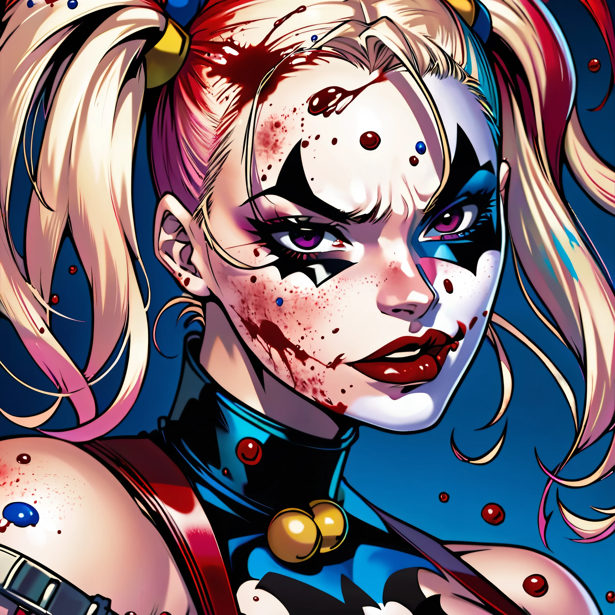 Batman foe Harley Quinn has just finished beating someone to death with a ball bat, blood spatter on her face, set in a bank, close up on her face