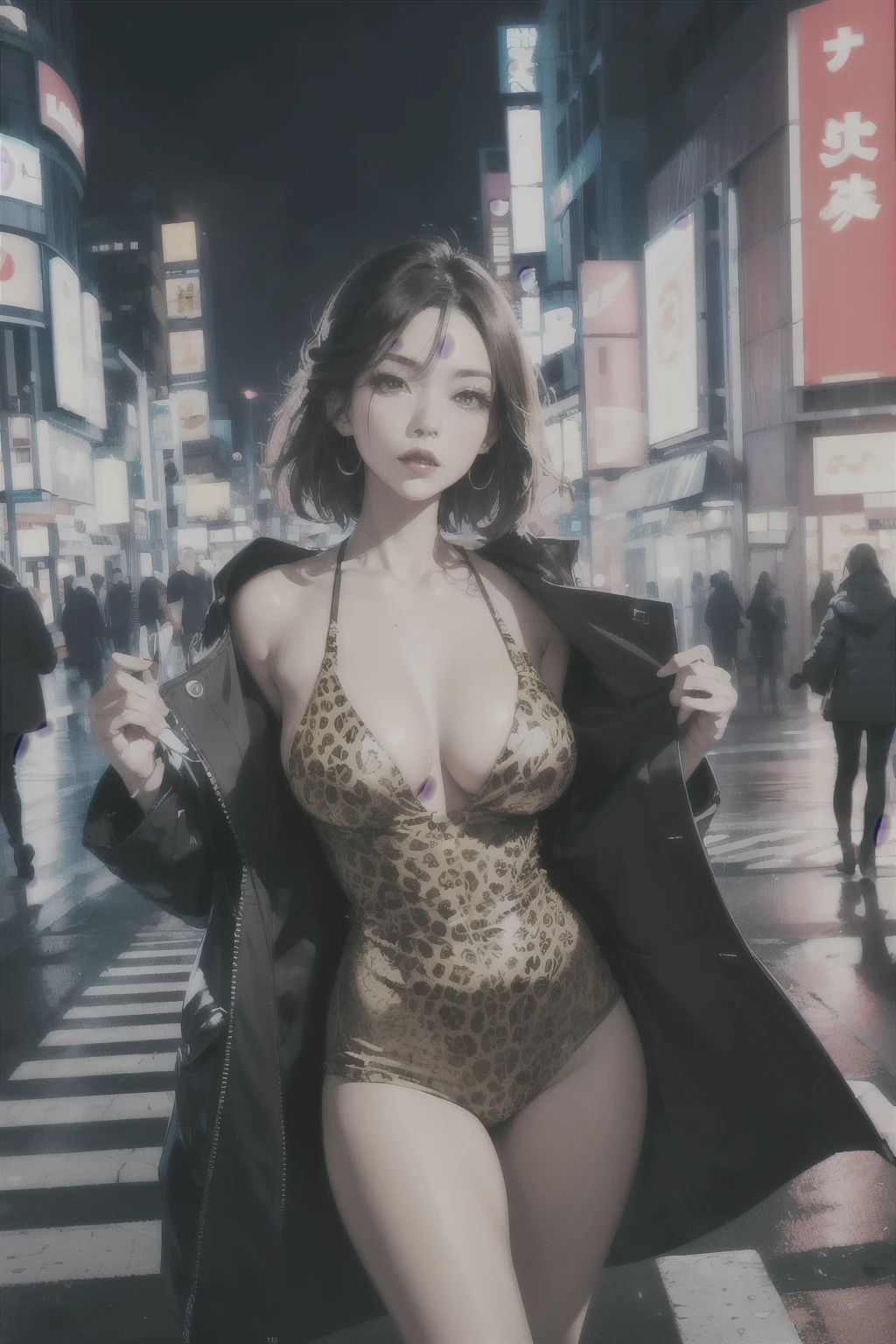 Leopard print one-piece suit, 38-year-old mom, Ginza crosswalk, big clock tower, detailed makeup, mature woman's atmosphere, neon lights at night, dynamic pose,