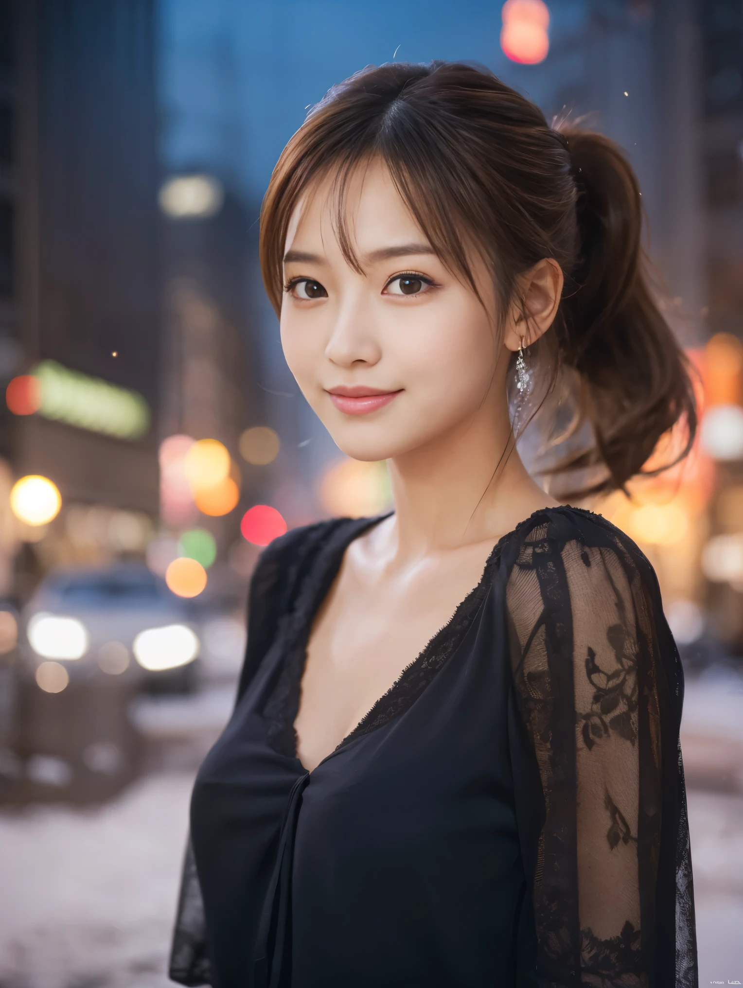1 girl, (Wearing a black blouse:1.2), Beautiful Japanese actresses, (ponytail:1.3), (RAW Photos, highest quality), (Realistic, Photorealistic:1.4), masterpiece, Very delicate and beautiful, Very detailed, 2k wallpaper, wonderful, finely, Very detailed CG Unity 8K 壁紙, Very detailed, High resolution, Soft Light, Beautiful detailed girl, Very detailed目と顔, Beautiful and detailed nose, Beautiful and detailed, Cinema Lighting, break (Snowy night cityscape as background 1.3), City lights, Perfect Anatomy, Slender body, smile, Face the front completely, Looking at the camera
