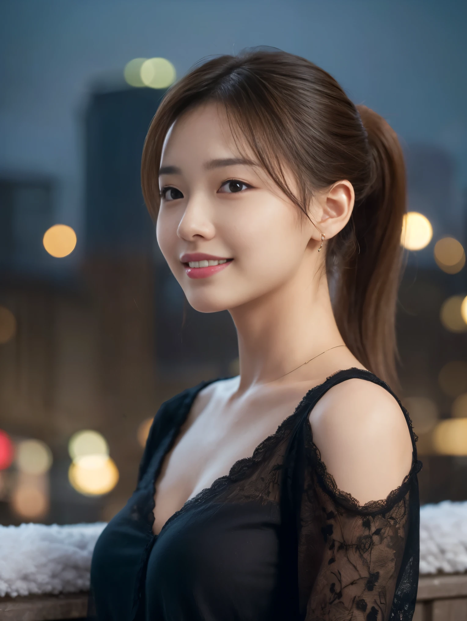 1 girl, (Wearing a black blouse:1.2), Beautiful Japanese actresses, (ponytail:1.3), (RAW Photos, highest quality), (Realistic, Photorealistic:1.4), masterpiece, Very delicate and beautiful, Very detailed, 2k wallpaper, wonderful, finely, Very detailed CG Unity 8K 壁紙, Very detailed, High resolution, Soft Light, Beautiful detailed girl, Very detailed目と顔, Beautiful and detailed nose, Beautiful and detailed, Cinema Lighting, break (Snowy night cityscape as background 1.3), City lights, Perfect Anatomy, Slender body, smile, Face the front completely, Looking at the camera