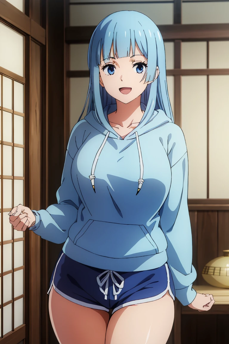 (extremely detailed CG unity 8k wallpaper),(masterpiece),(best quality),(ultra-detailed),(best illustration),(best shadow),(absurdres), Kasumi, 1girl, solo, blue hair, long hair, blue eyes, smile, holding, bangs, blunt bangs, indoors, upper body, open mouth, straight hair, long sleeves, hoodie, thick hoodie, white hoodie strings, Standing in bedroom , large breasts, hands in lap, thick thighs, facing camera, looking at viewer, (wide hips), beautiful japanese garden background, dolfine shorts, dshorts,