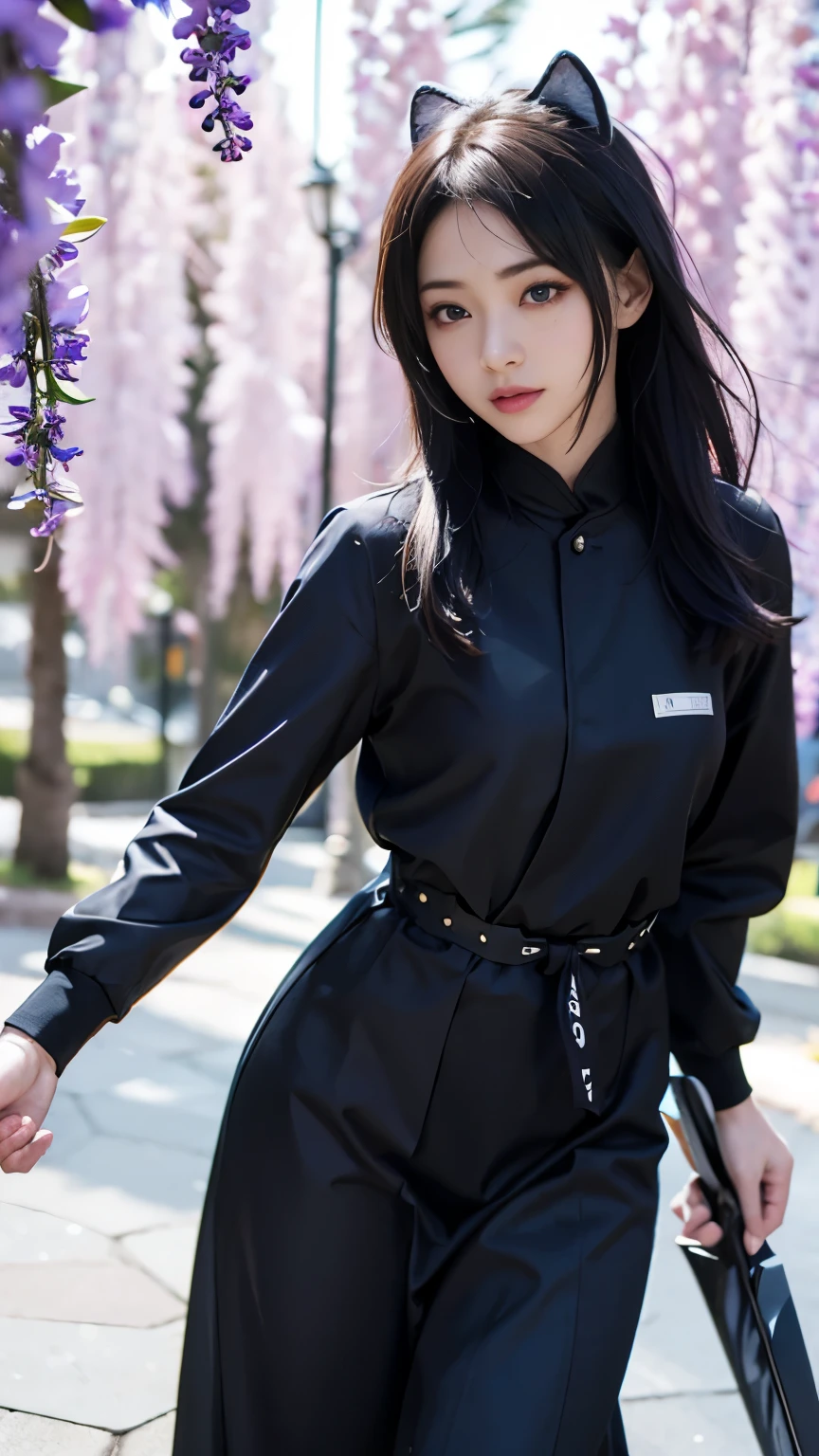 Realistic, Super detailed, High resolution, highest quality, Super detailedな,1 Female , Official Art, unity 8k wallpaper, Super detailed, Beautiful and aesthetic, Beautiful Menhera, masterpiece,( Super busty breasts:1.5,Small waist)、Glowing Skin,masterpiece, wonderful, (CG illustration),Asian, Ultra-realistic textured face and skin、Accurate anatomy、黒のNinja服、Blue gradient hair, Grey Eyes, Indifference, bangs,((Ninja, Plastic mask))、sword, Red and white outfit, Facial details、Purple eye makeup、Dynamic Pose、Dynamic Action、Dynamic Angle、Detailed Background、Wisteria flower、Degrees of Freedom:1.3